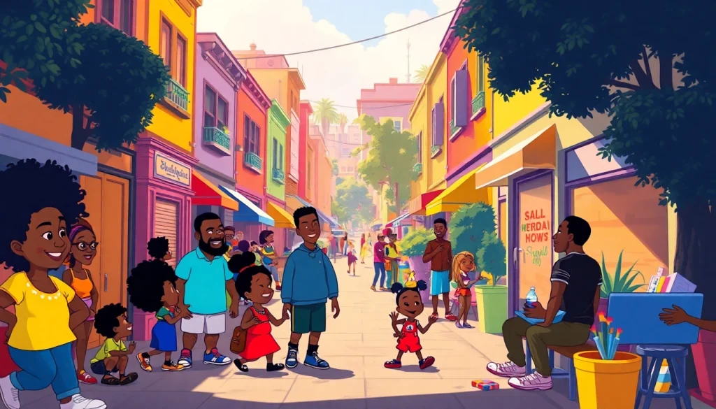 A dynamic urban scene showcasing characters inspired by African American Cartoons, celebrating creativity and diversity.