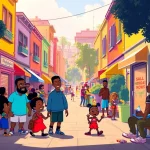 A dynamic urban scene showcasing characters inspired by African American Cartoons, celebrating creativity and diversity.