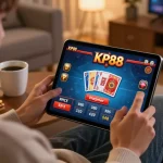 Engaging player using KP88 casino app on tablet in cozy living room setting.