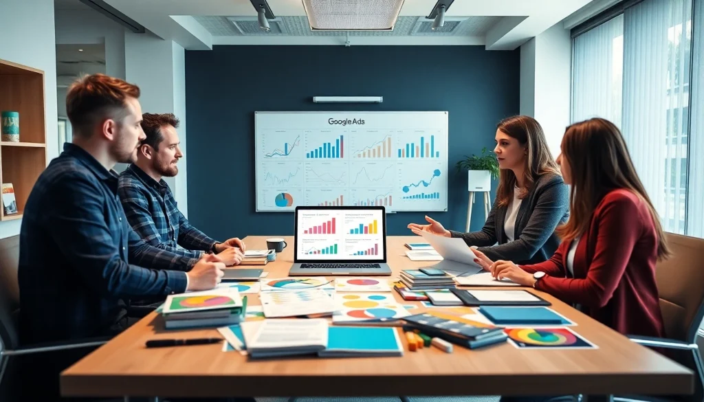 Engaging team discussing strategies for google ads edmonton in a modern office.