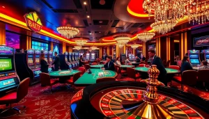Players celebrating wins at Bl555 casino tables surrounded by vibrant slot machines and roulette wheels.