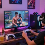 Player enjoying AI porn games in immersive 3D setting with gaming gear and vivid atmosphere