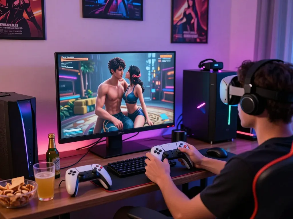 Player enjoying AI porn games in immersive 3D setting with gaming gear and vivid atmosphere