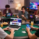 Players enjoying a vibrant online gaming experience with 23win logo visible, showcasing gaming excitement and social interaction.