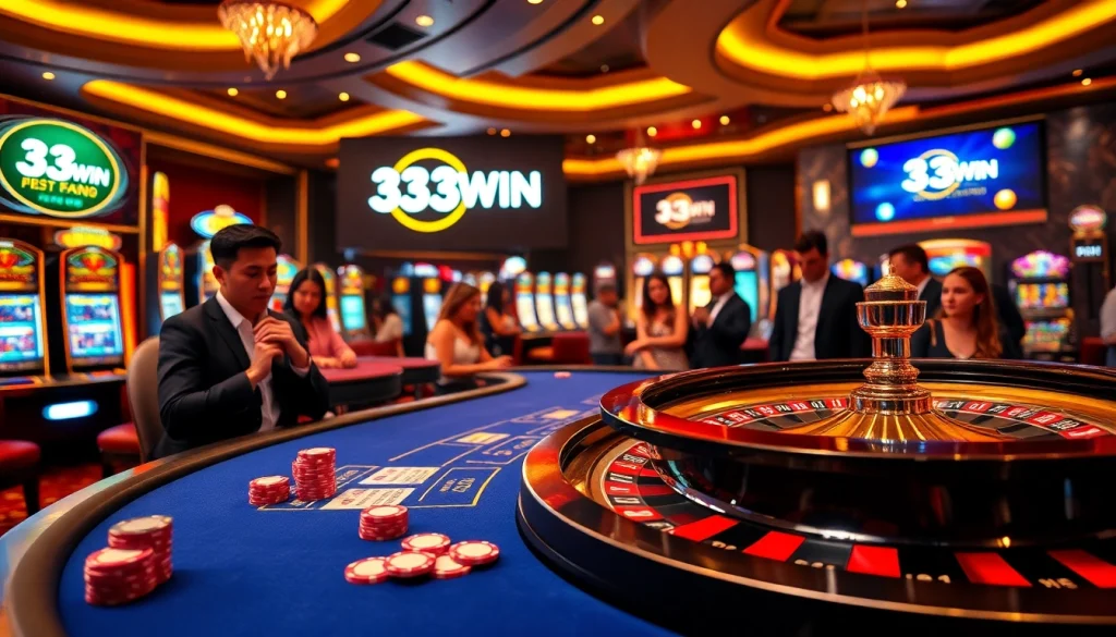 33WIN gaming table with poker chips and roulette wheel, highlighting excitement in a luxury casino.