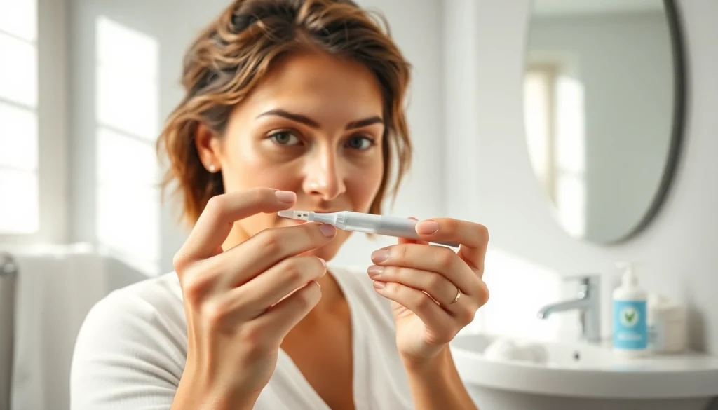 Learn how to use laser pen for skin effectively while applying it to remove skin tags in a bright bathroom setting.