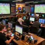 Patrons placed bets on Bsport app in a lively sports betting lounge during a game, showcasing the thrilling atmosphere.