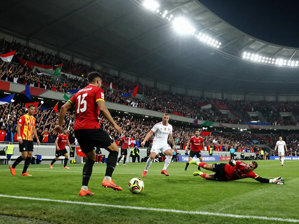 7m football match scene with fans, intense moment capturing players and stadium atmosphere