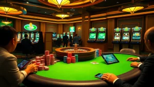 Action-packed casino scene showcasing LC88 branding with poker and roulette experiences.