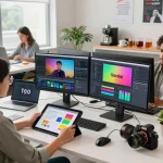 Collaborative workspace scene showcasing video to prompt ai usage by diverse creators in a modern office