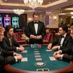 Watch players strategize at a luxurious poker table at https://mb66ax.com/ in a high-end casino setting.