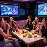 Group enjoying karaoke at https://www.gangnamtune.com, showcasing vibrant nightlife with drinks and singing.