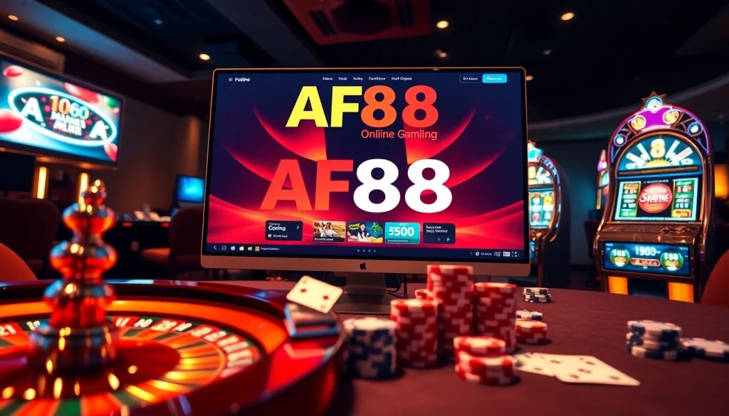 AF88 online gambling scene with roulette, cards, and vibrant casino atmosphere.