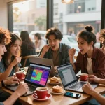 A group of friends discussing Agen Togel at a trendy café, showcasing excitement and community in a vibrant urban setting.