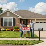 We buy houses for cash sign in front of happy family home, showcasing community spirit and new beginnings.