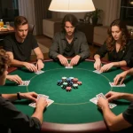 98win poker players engaged in a strategic card game at a private home gathering, showcasing intense gameplay.