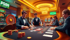 Experience the excitement of PS99 casino gaming at a vibrant poker table with dealers and players.