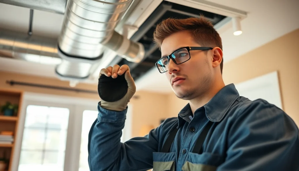 Duct cleaning and HVAC inspection process by a qualified technician in a well-lit home environment.