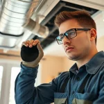 Duct cleaning and HVAC inspection process by a qualified technician in a well-lit home environment.
