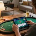 DOLA88 player enjoying an online poker game in a cozy living room setup with snacks and warm lighting.