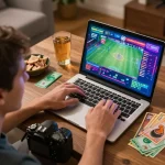 Person engaging in online sports betting with 28bet on laptop, excited atmosphere