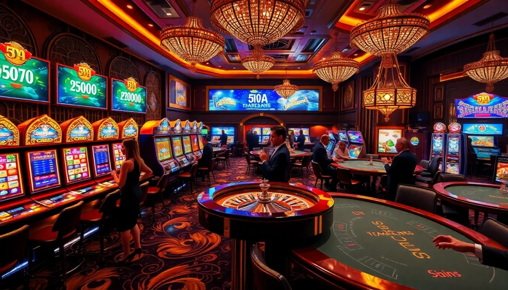 Jogadores vivenciando a emoção dos jogos na 59A, com máquinas caça-níqueis vibrantes e mesas de roleta.