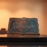 Placă de bronz cu detalii strălucitoare și design gravat, expusă în iluminare caldă.