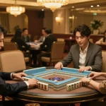 Engaged players discuss strategies while playing mahjong at a luxury casino table.