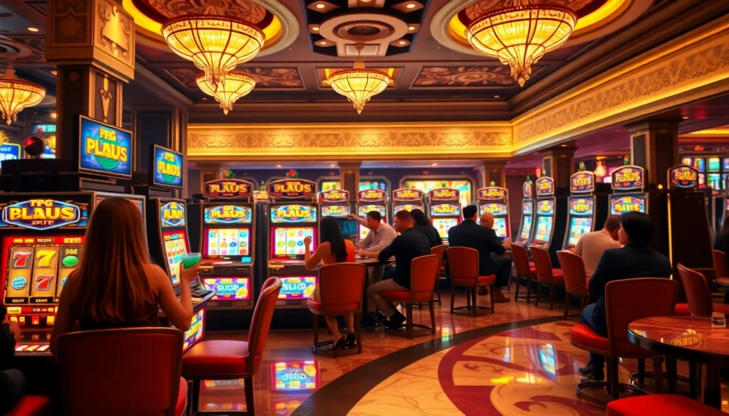 Experience the thrill of PG Slots in a luxurious casino environment filled with players celebrating wins and vibrant machines.