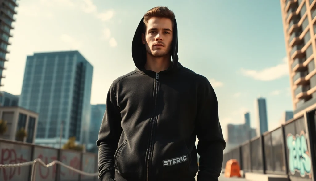 Model showcasing a black zip up hoodie against a stylish urban backdrop.