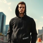 Model showcasing a black zip up hoodie against a stylish urban backdrop.