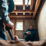 Crawl Space Restoration with a technician inspecting an organized crawl space environment.