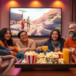 Group enjoying a movie night watching หนังออนไลน์ in a cozy living room.
