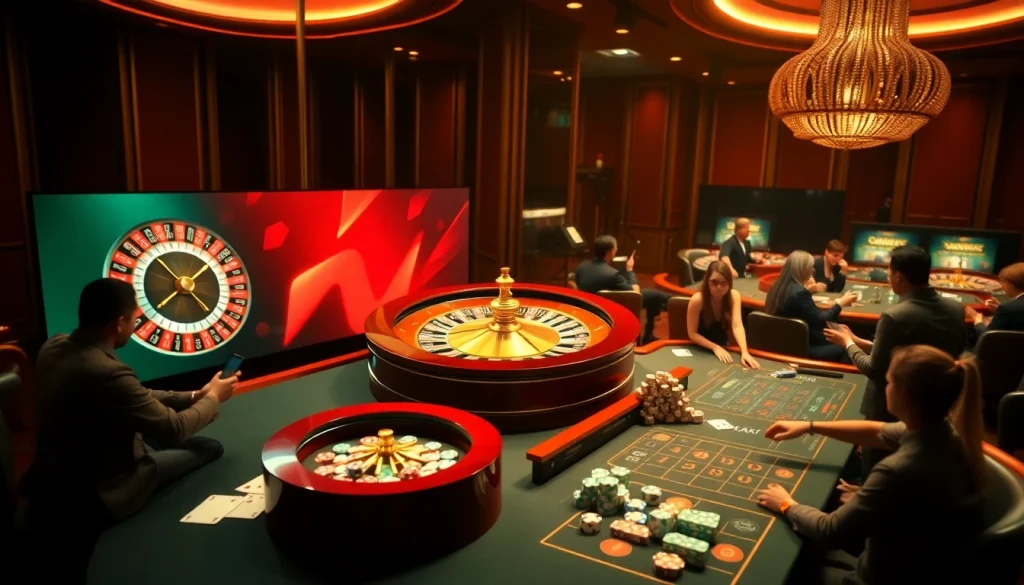 Nohu90 casino players engaging at roulette and card tables in a vibrant atmosphere