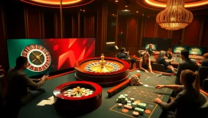 Nohu90 casino players engaging at roulette and card tables in a vibrant atmosphere