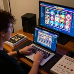 Engaging with a slot server thailand game on a laptop, showcasing a vibrant online gambling atmosphere