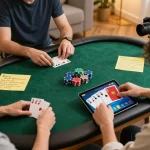 Engage in online gambling with KP88 while playing poker in a cozy setting, showcasing strategy and fun.