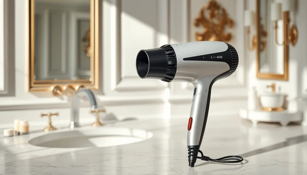 Using a hair dryer for frizzy hair on a marble vanity, showcasing its sleek design.