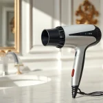 Using a hair dryer for frizzy hair on a marble vanity, showcasing its sleek design.
