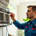 American Standard HVAC dealer technician performing maintenance on an air conditioning system.