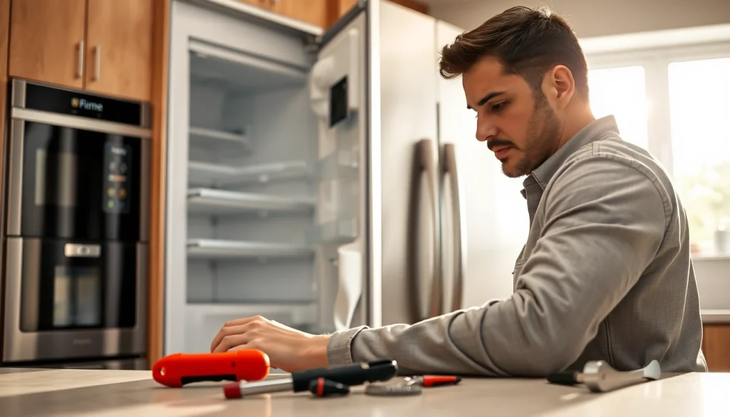 Expert performing appliance repair near me, showcasing a technician focused on fixing a refrigerator.