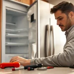 Expert performing appliance repair near me, showcasing a technician focused on fixing a refrigerator.