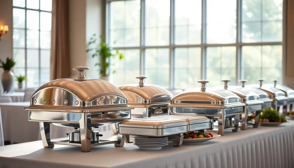Elegant chafing dish set displayed on a banquet table with silver finish and inviting atmosphere.