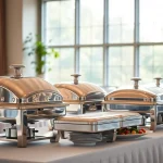 Elegant chafing dish set displayed on a banquet table with silver finish and inviting atmosphere.