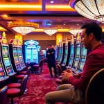 Player enjoying a pragmatic slot machine with vibrant graphics in a luxury casino setting.