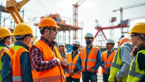 Construction site safety practices displayed by workers, emphasizing teamwork and vigilance.