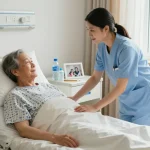 giường bệnh nhân in a warm home care environment with nurse and medical supplies.