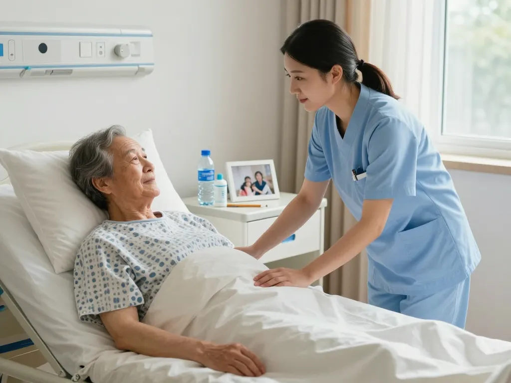 giường bệnh nhân in a warm home care environment with nurse and medical supplies.