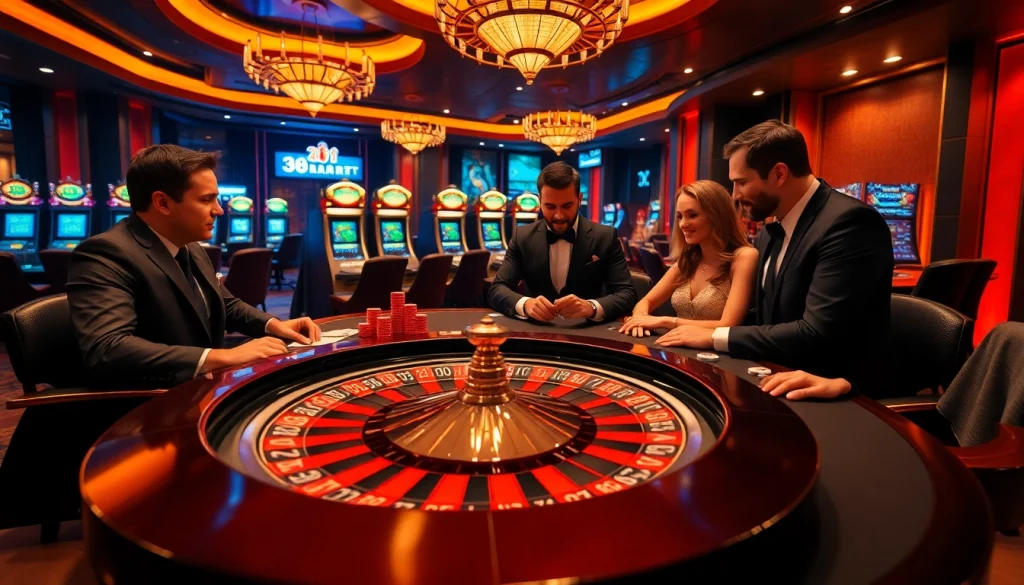 Players enjoying a thrilling moment at the 788t casino, surrounded by vibrant gaming elements.
