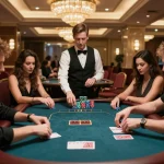 Players enjoy a thrilling poker game at LC88 casino, showcasing strategic gameplay in an upscale setting.